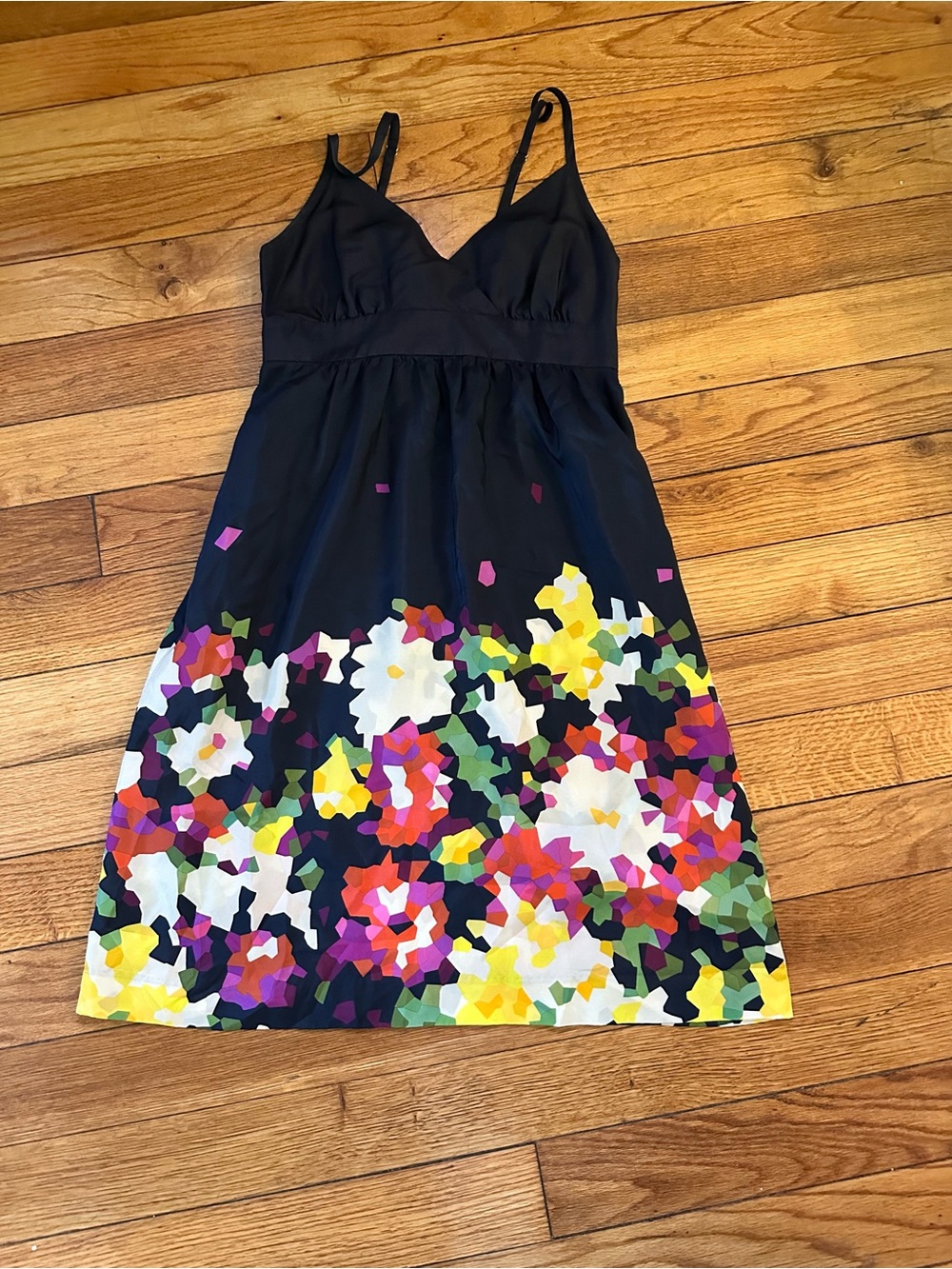 Theory Silk Black Midi Dress with Multicolor Floral Hem-8
